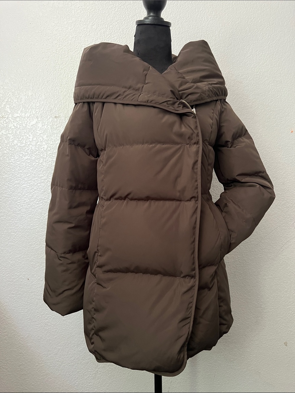 Women's Brown Asymmetrical Puffer Coat with Wide Collar